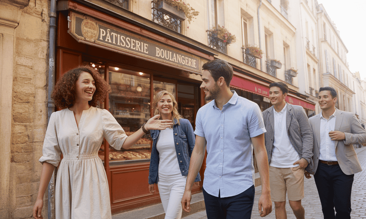 Groupe en visite d’un quartier historique de Paris avec des personnes ordinaires et diverses, dans une ambiance conviviale