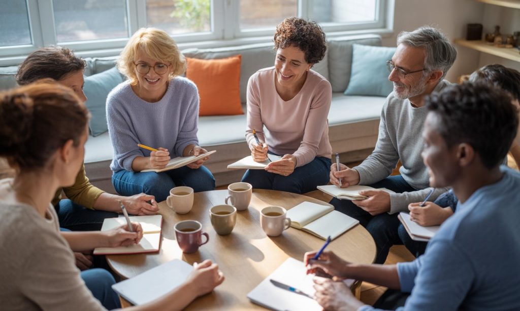 Illustration d'un Groupe d’Entraide Mutuelle où plusieurs personnes échangent autour d’une table, symbolisant le soutien et l’autodétermination.
