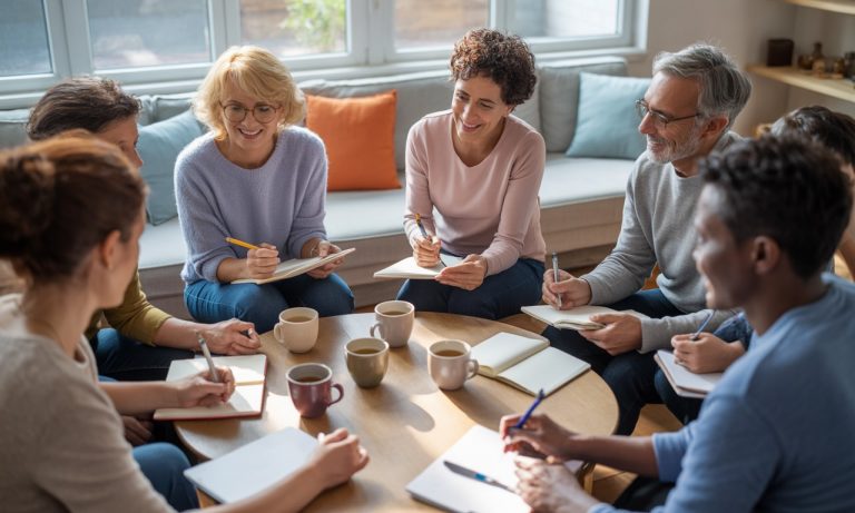 Illustration d'un Groupe d’Entraide Mutuelle où plusieurs personnes échangent autour d’une table, symbolisant le soutien et l’autodétermination.