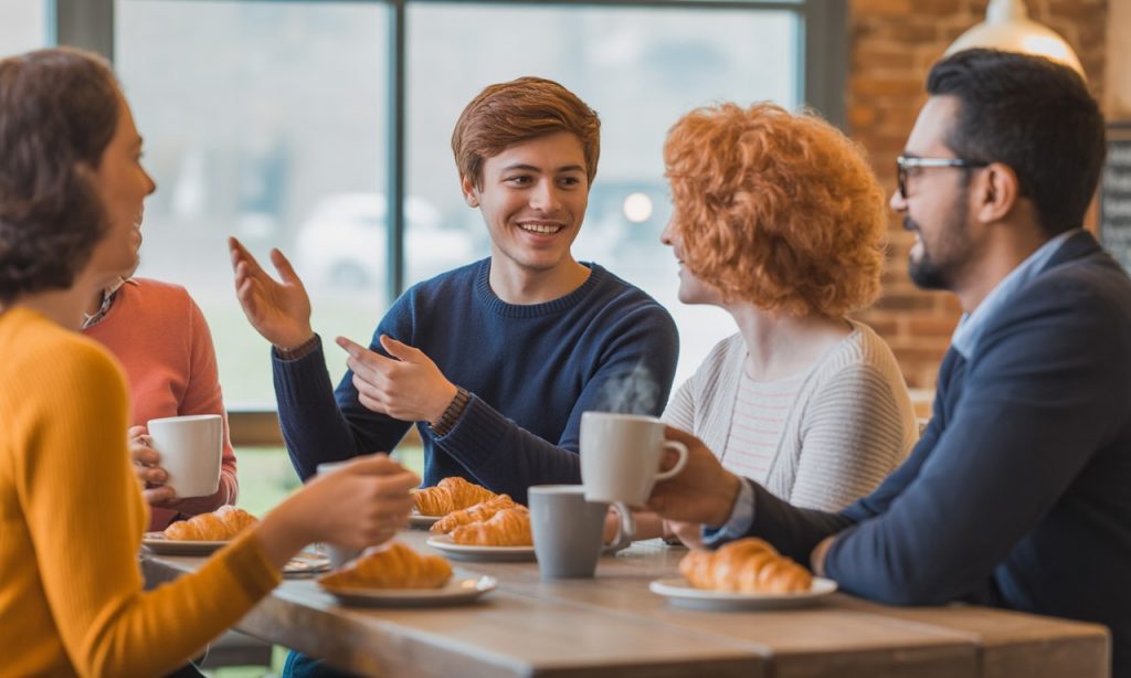Groupe d’adhérents du GEM TSA Paris échangeant autour d’une table dans une ambiance conviviale, façon café partagé.