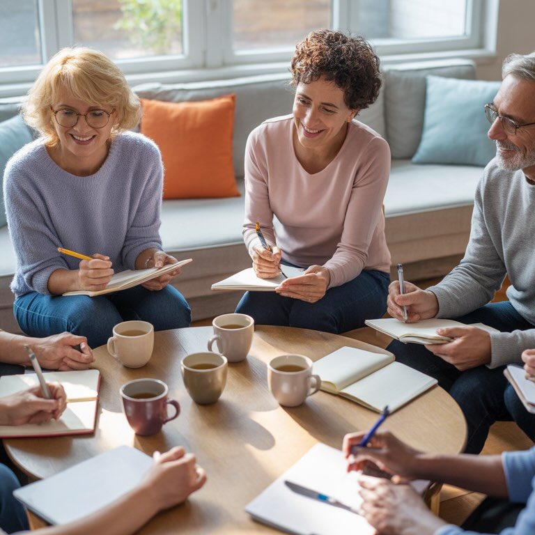 Illustration d'un Groupe d’Entraide Mutuelle où plusieurs personnes échangent autour d’une table, symbolisant le soutien et l’autodétermination.